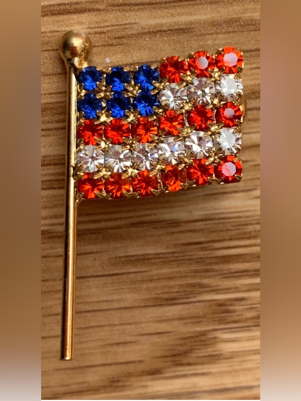 USA Flag Pin 2” Rhinestone Fashion Jewelry Vintage Military July 4th Patriotic